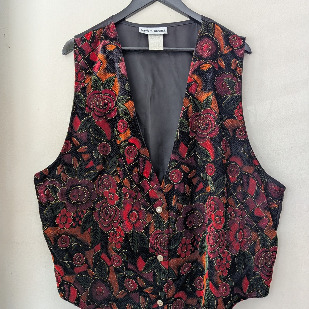 Dots N Dashes Tapestry Vest Floral Velvet Black Red | Women’s 2X | 90s Vintage